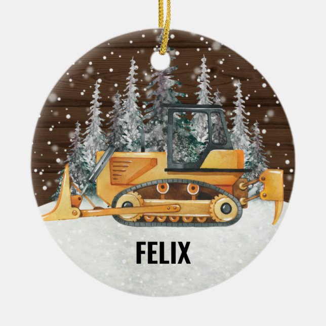 Bulldozer Construction Vehicle Truck Christmas Ceramic Ornament (Front)
