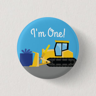 Bulldozer Cute 1st Birthday Party Construction 3 Cm Round Badge