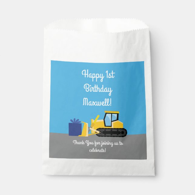 Bulldozer Cute 1st Birthday Party Construction Favour Bag (Front)