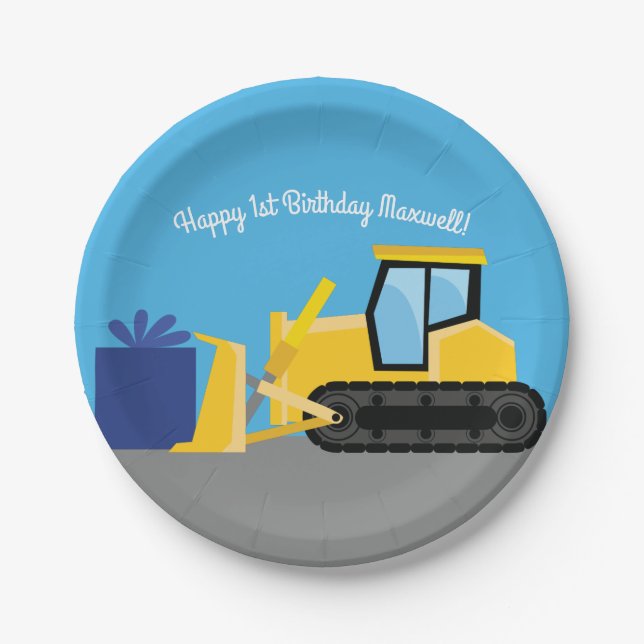 Bulldozer Cute 1st Birthday Party Construction Paper Plate (Front)