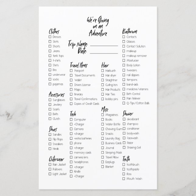 Bullet Journal Packing List (Front)