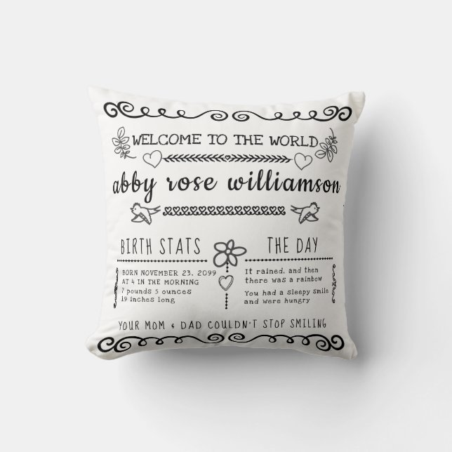 Bullet Journal Style Baby Birth Stats Keepsake Cushion (Front)