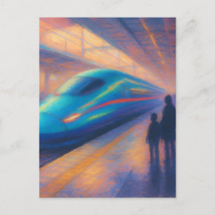 Bullet Train Arrival - Pastel Painting Style Postcard