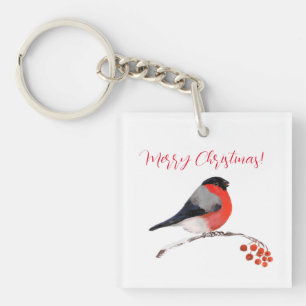 Bullfinch and red berries, Merry christmas Key Ring