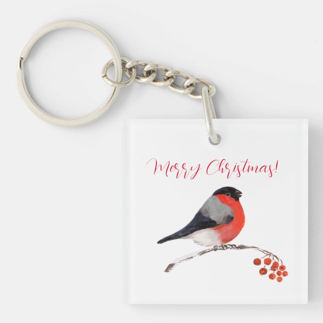 Bullfinch and red berries, Merry christmas Key Ring (Front)