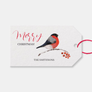 Bullfinch and red Rowan berries, Merry Christmas! Gift Tags