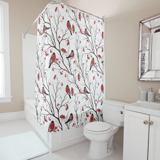 Bullfinch Birds and Berries Marsala Red Shower Curtain (In Situ)