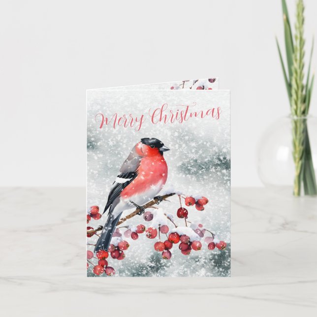 Bullfinch Christmas Bird Snowy Red Berries Holiday Card (Front)