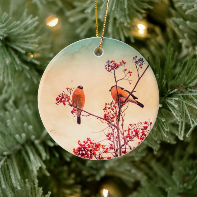 Bullfinch eat red rowan berries ceramic ornament (Tree)