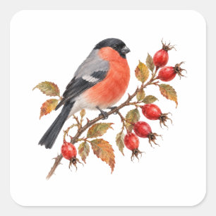 Bullfinch on a Rosehip Branch Square Sticker