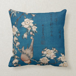 Bullfinch on a Weeping Cherry Branch by Hokusai Cushion