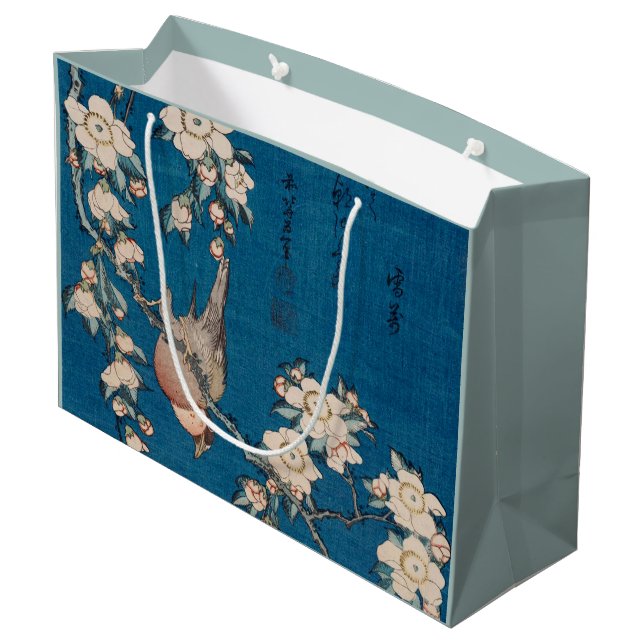 Bullfinch on a Weeping Cherry Branch by Hokusai Large Gift Bag (Back Angled)
