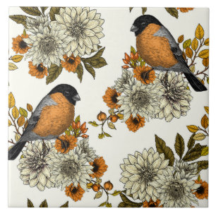 Bullfinch on autumn florals 2 ceramic tile