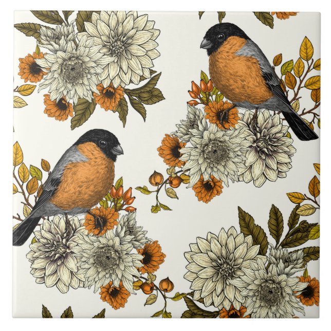 Bullfinch on autumn florals 2 ceramic tile (Front)