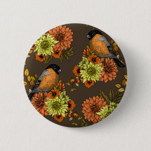 Bullfinch on autumn florals 6 cm round badge