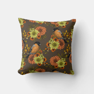 Bullfinch on autumn florals cushion