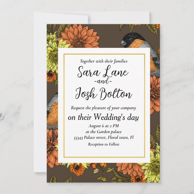 Bullfinch on autumn florals invitation (Front)