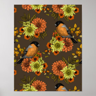 Bullfinch on autumn florals poster
