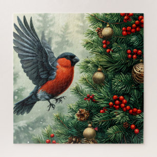 Bullfinch Perched on Decorated Christmas Tree Jigsaw Puzzle