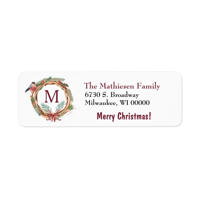 Bullfinch Rustic Wreath Christmas Return Address Label (Front)