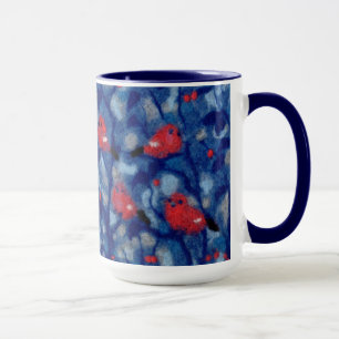 Bullfinches, blue & red, birds in trees, fibre art mug