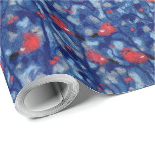 Bullfinches, blue & red, birds in trees, fibre art wrapping paper