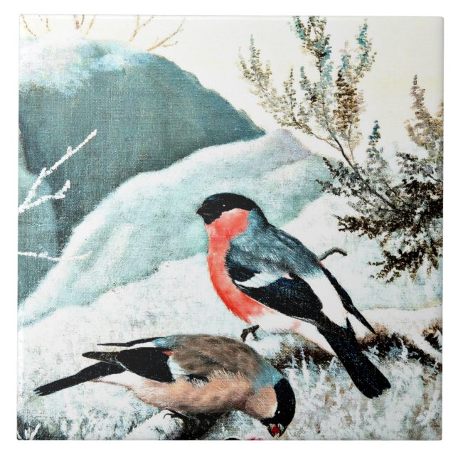 Bullfinches in Winter Landscape Ceramic Tile (Front)