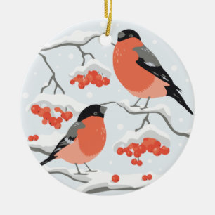 Bullfinches on rowan branches ceramic ornament
