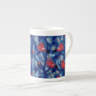 Bullfinches, red birds blue forest trees fibre art bone china mug