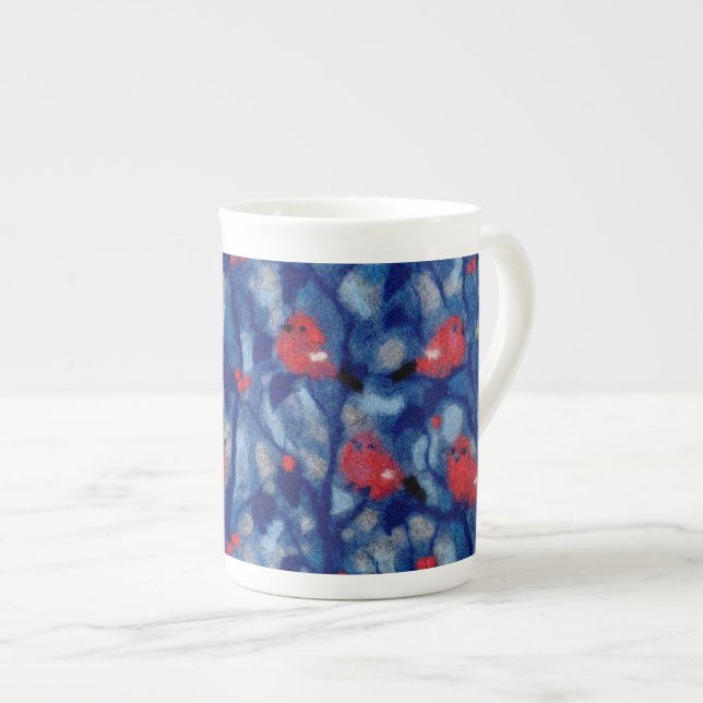 Bullfinches, red birds blue forest trees fibre art bone china mug (Front Right)