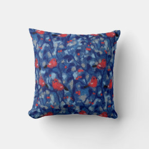 Bullfinches, red birds blue forest trees fibre art cushion