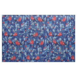 Bullfinches, red birds blue forest trees fibre art fabric