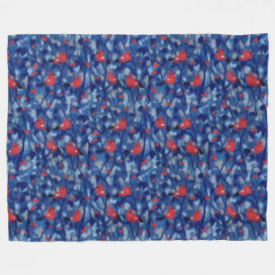Bullfinches, red birds blue forest trees fibre art fleece blanket