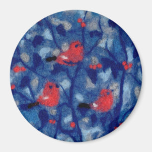 Bullfinches, red birds blue forest trees fibre art magnet