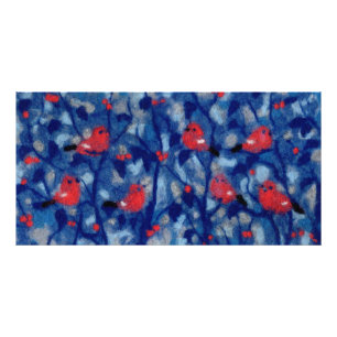 Bullfinches, red birds blue forest trees fibre art photo print