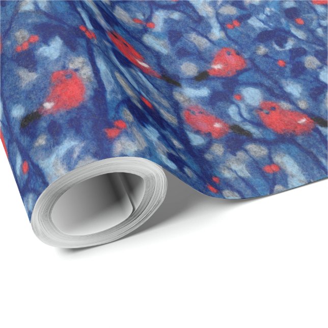 Bullfinches, red birds blue forest trees fibre art wrapping paper (Roll Corner)