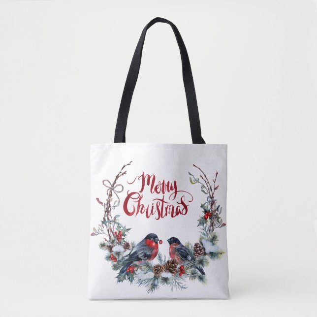 Bullfinches Wreath- Merry Christmas Tote Bag (Front)