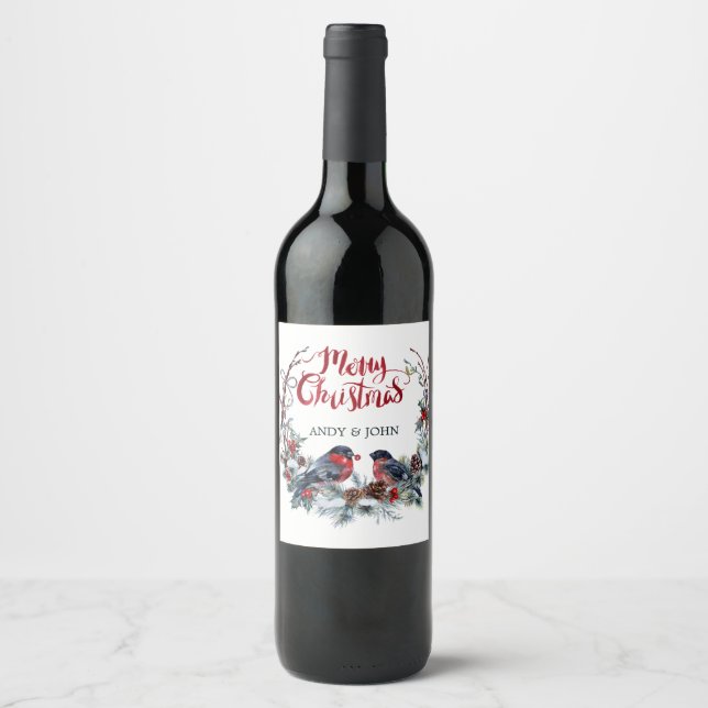 Bullfinches Wreath Mistletoe- Merry Christmas Wine Label (Front)