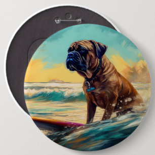 Bullmastiff Beach Surfing Painting  6 Cm Round Badge