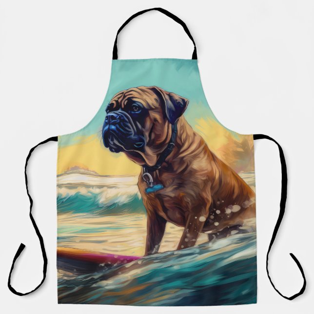 Bullmastiff Beach Surfing Painting  Apron (Front)
