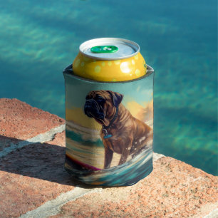 Bullmastiff Beach Surfing Painting Can Cooler