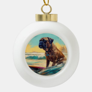 Bullmastiff Beach Surfing Painting  Ceramic Ball Christmas Ornament