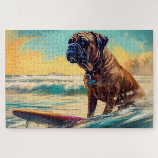 Bullmastiff Beach Surfing Painting  Jigsaw Puzzle (Horizontal)