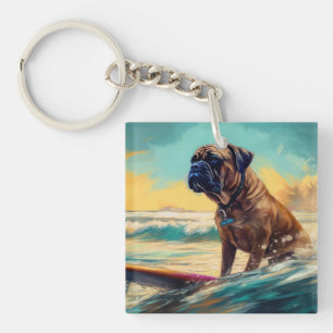Bullmastiff Beach Surfing Painting Key Ring