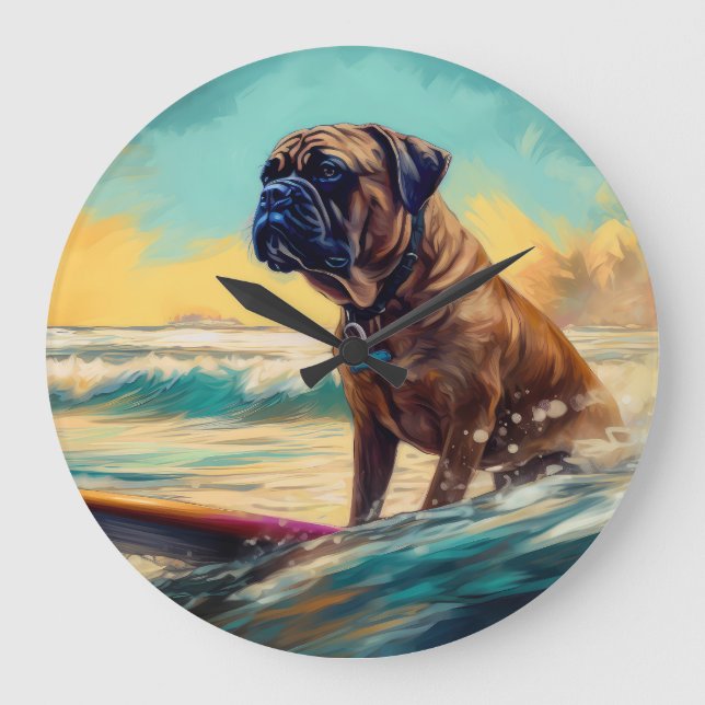 Bullmastiff Beach Surfing Painting  Large Clock (Front)