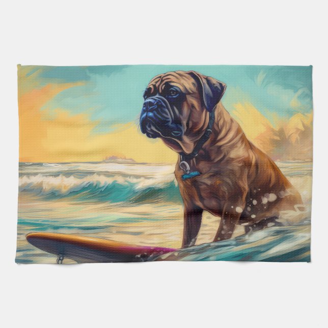 Bullmastiff Beach Surfing Painting  Tea Towel (Horizontal)