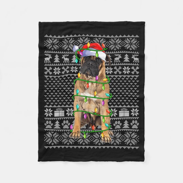 Bullmastiff Christmas Lights Ugly Sweater Funny Pe Fleece Blanket (Front)