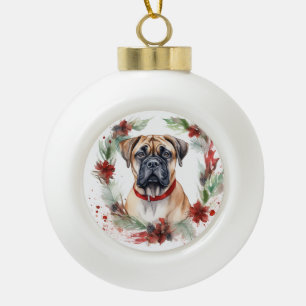 Bullmastiff Christmas Wreath Festive Pup  Ceramic Ball Christmas Ornament