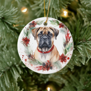 Bullmastiff Christmas Wreath Festive Pup  Ceramic Ornament