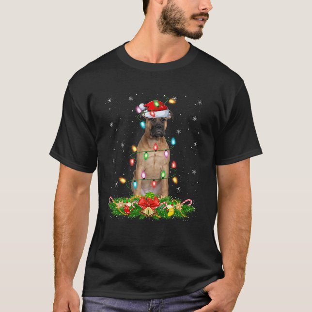 Bullmastiff Dog Christmas Lights Funny Santa Hat X T-Shirt (Front)